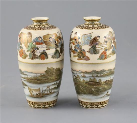 A fine pair of Japanese Satsuma pottery ovoid vases, by Yabu Meizan, Meiji period, H.12cm